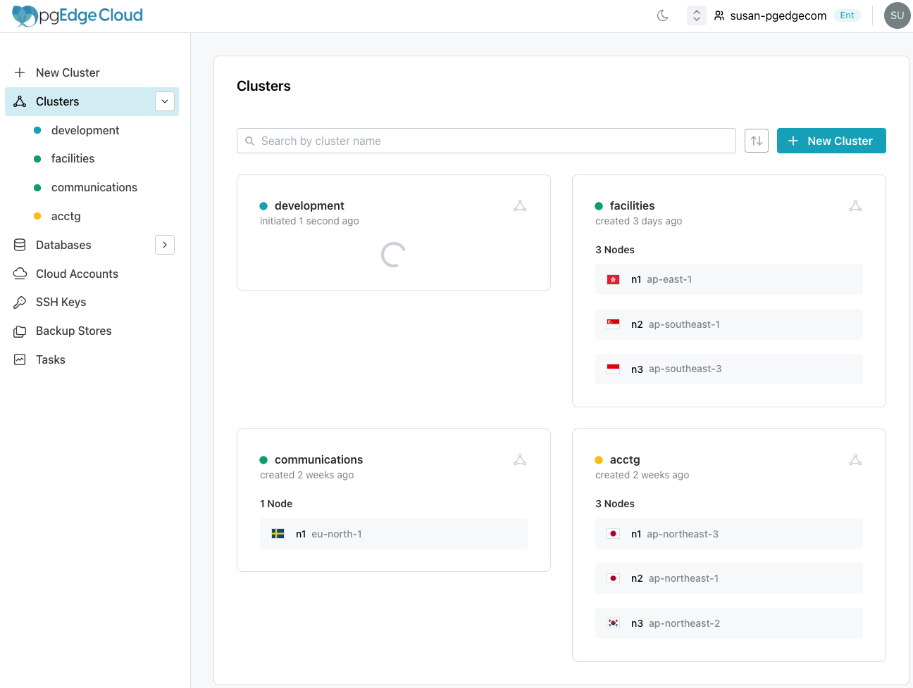 Displaying the currently defined clusters