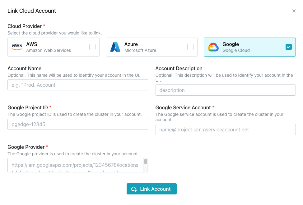 Link Google Cloud Account popup