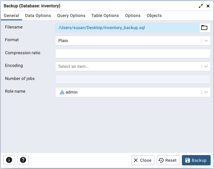 pgAdmin Backup General tab